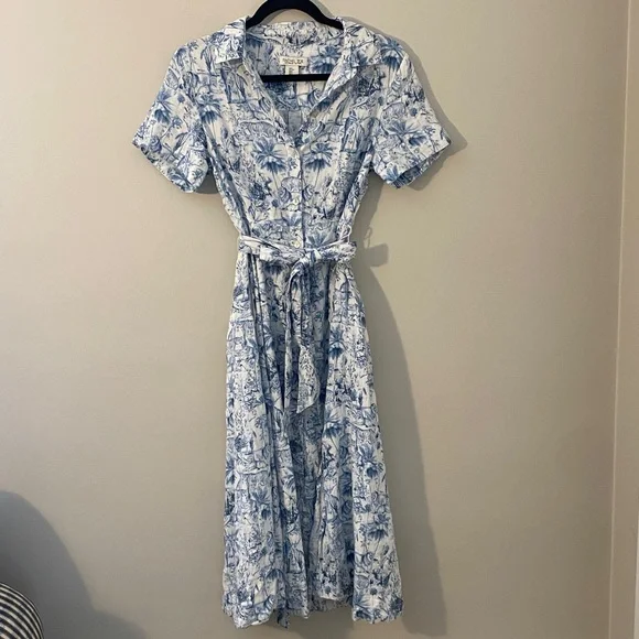 Rachel Zoe White and Blue Safari Linen Blend Midi Shirt Dress with Waist Tie - Picture 1 of 10